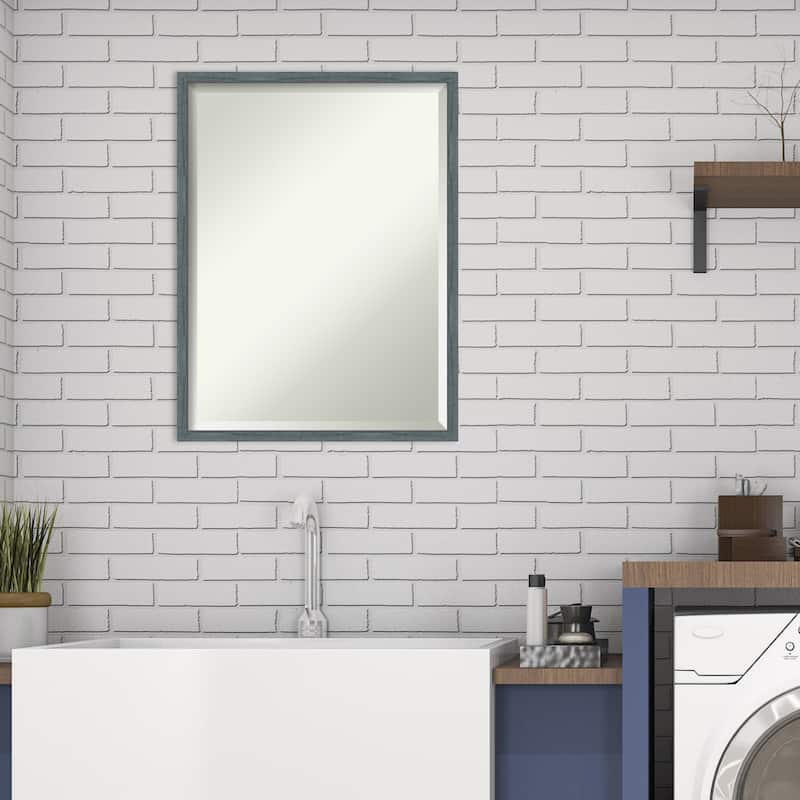Beveled Wood Bathroom Wall Mirror - Dixie Blue Grey Rustic Narrow Frame