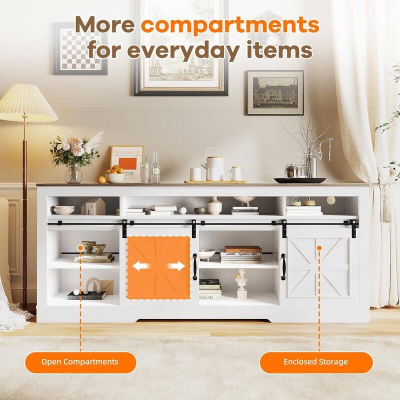 66" Farmhouse TV Stands, Entertainment Center with Open Storage, Power Outlets - N/A