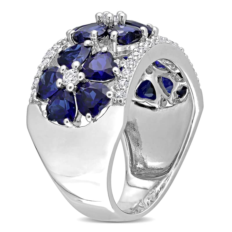 Miadora Heart-cut Created Blue & White Sapphire Triple Floral Cocktail Ring in Sterling Silver