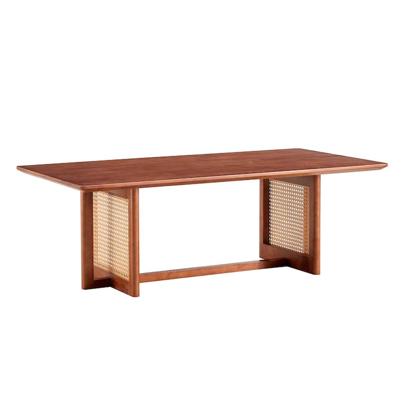 Roomfitters Rectangular Solid Wood Tea Table with Rattan Accents, Chinese Style Log-Inspired Coffee Table for Small Spaces