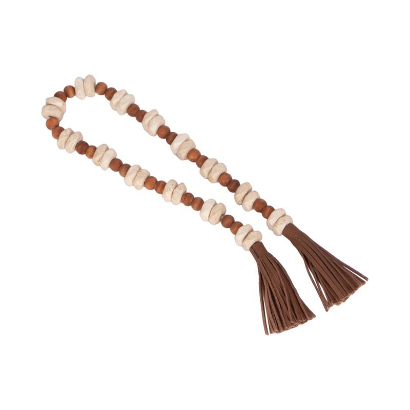 Sagebrook Home 26" Bead Garland with Tassels Contemporary Rustic Mango Wood Travertine Faux Leather Beads - 26" x 1" x 1"