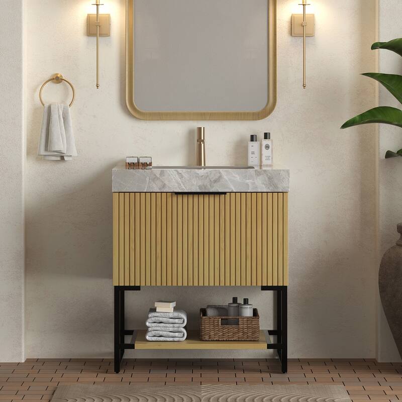 30" Bathroom Vanity & Sink, Freestanding Striped Plywood Storage Cabinet with Drawer & Open Shelf - Black,Golden Oak