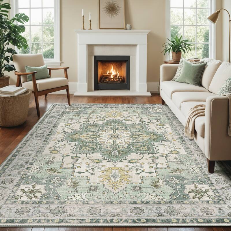 Mcow Green Floral Faded Low Pile Machine Washable Non-Slip Area Rug