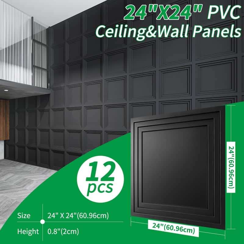 Atr3d 12pcs 24"x24" PVC 3D Wall Panel Ceiling Tile White or Black Cover 48 Sq.Ft.