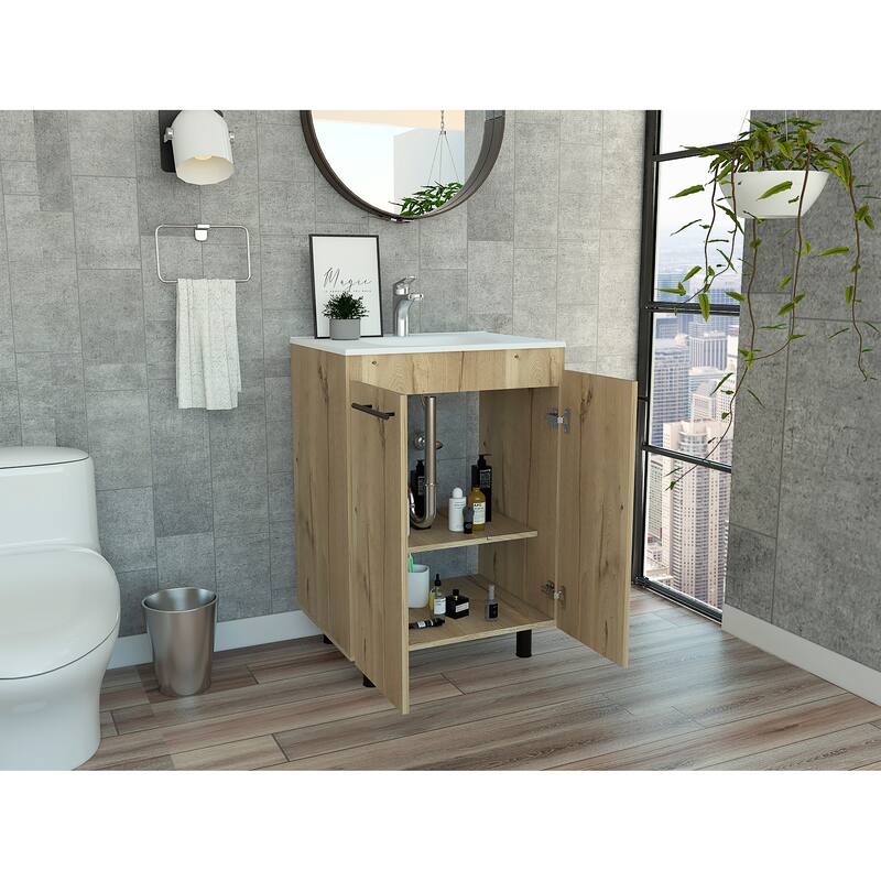 Light Oak 2-Door Rectangle Freestanding Vanity Cabinet with Drop-In Sink and 2 Shelves, Compact Bathroom Storage