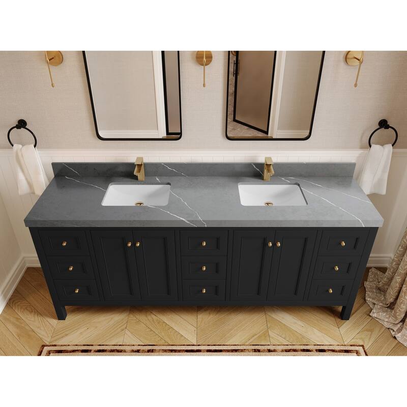 Willow Collections 84 in. W x 22 in. D Nashville Double Bowl Sink Bathroom Vanity with Countertop - 2”Piatra Gray - Black
