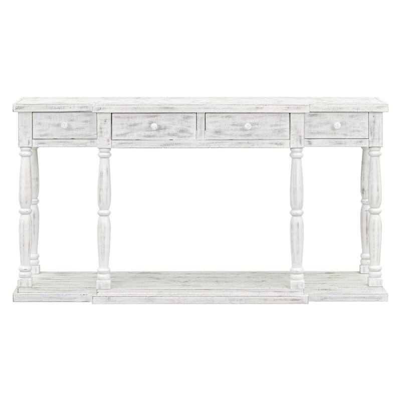 63" Retro Wooden Console Table with 4 Storage Drawers and Bottom Shelf