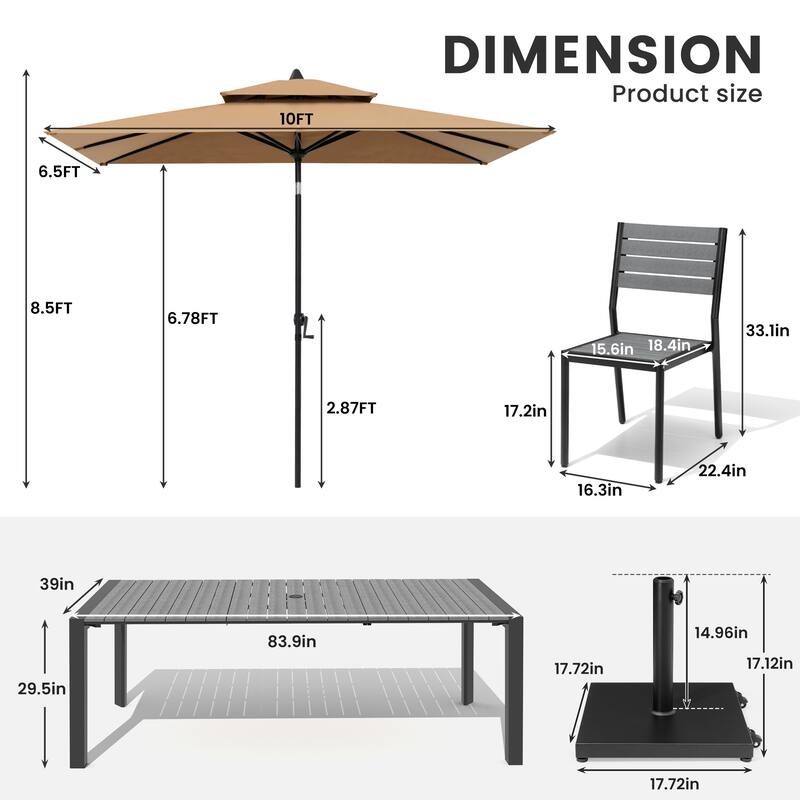 9/11-Piece Outdoor Dining Set Aluminum Table and Stackable Chairs w/10 ft Umbrella and Base