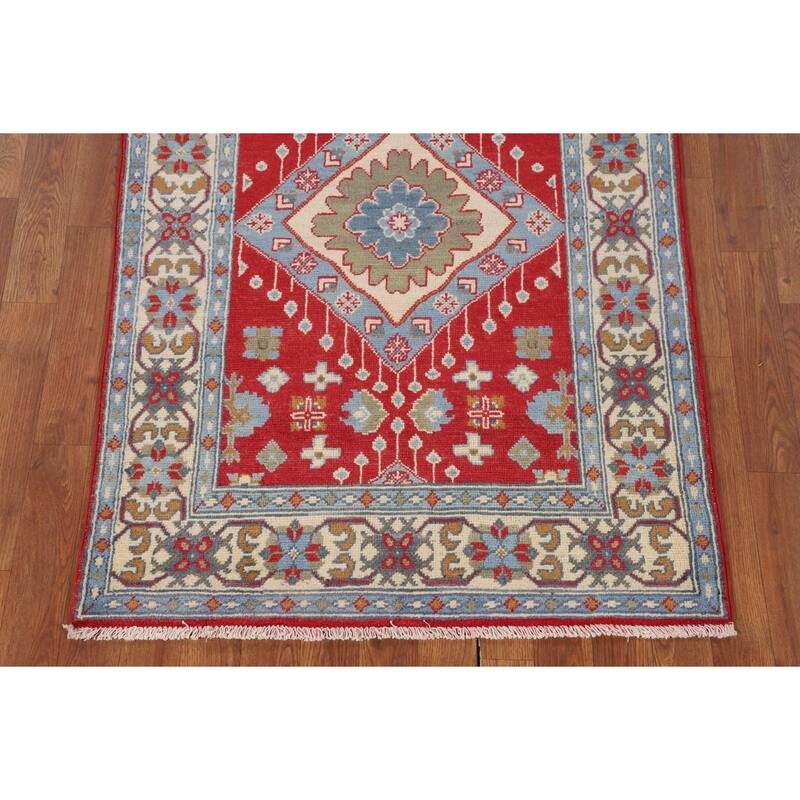 Geometric Red Kazak Foyer Rug Hand-Knotted Oriental Accent Wool Carpet - 3'2" x 4'9"