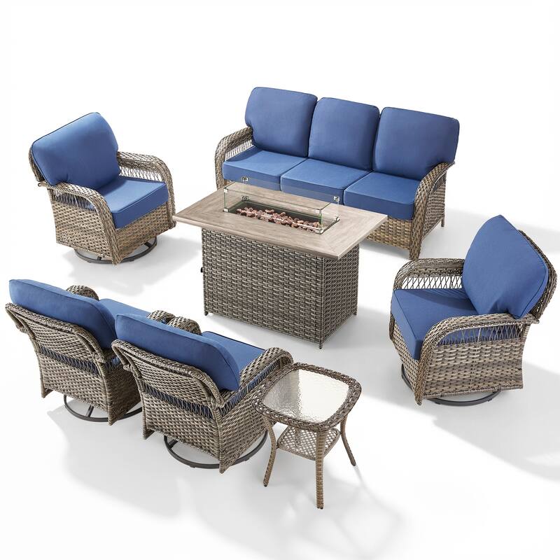 Pocassy Outdoor Fire Pit Table with Swivel Chair Sofa Ottoman Set.