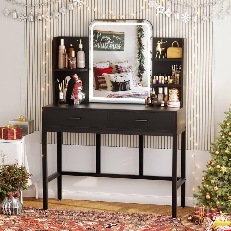 Modern Vanity Desk with LED Mirror, Makeup Table with Storage Drawers and Shelves - N/A