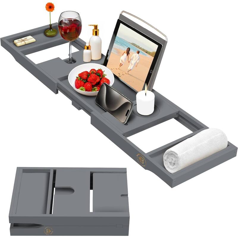 Bamboo Bathtub Tray for Tub - Expandable Bath Tray, Book & Tablet Holder - Bath Table, Tub Tray, Bathtub Caddy, Foldable Design - Grey