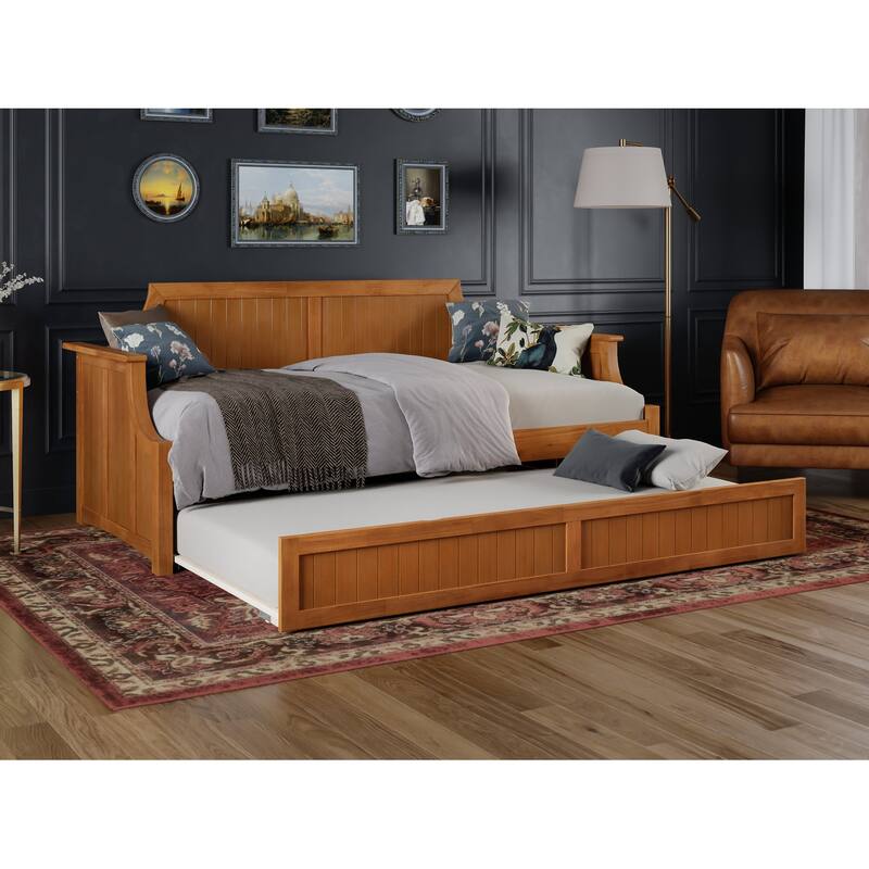 Twin Daybed with Trundle - Light Toffee Finish, Curved Backboard & Wood Frame