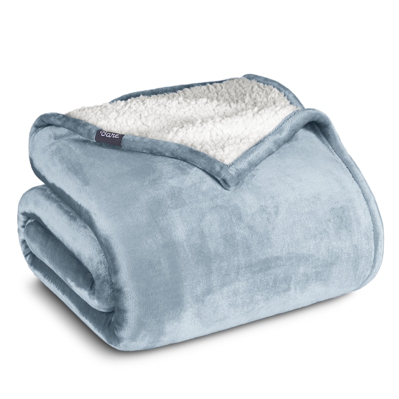 Bare Home Sherpa Fleece Blanket - Reversible Plush Bed Blanket - King - Light Blue