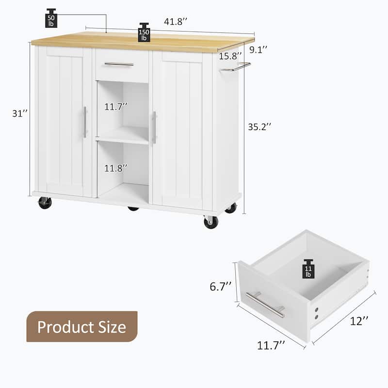 2-Door Kitchen Island with Drawer & Drop Leaf - Mobile Storage Cart on Lockable Wheels for Kitchen, Dining Room, Bar
