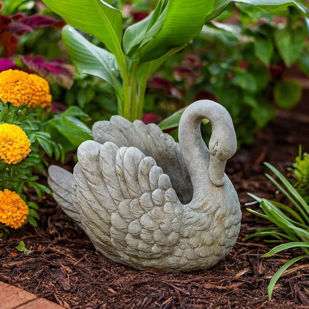 Jina Planter with Swan Sculpted Details, Gray Terracotta 10 Inch