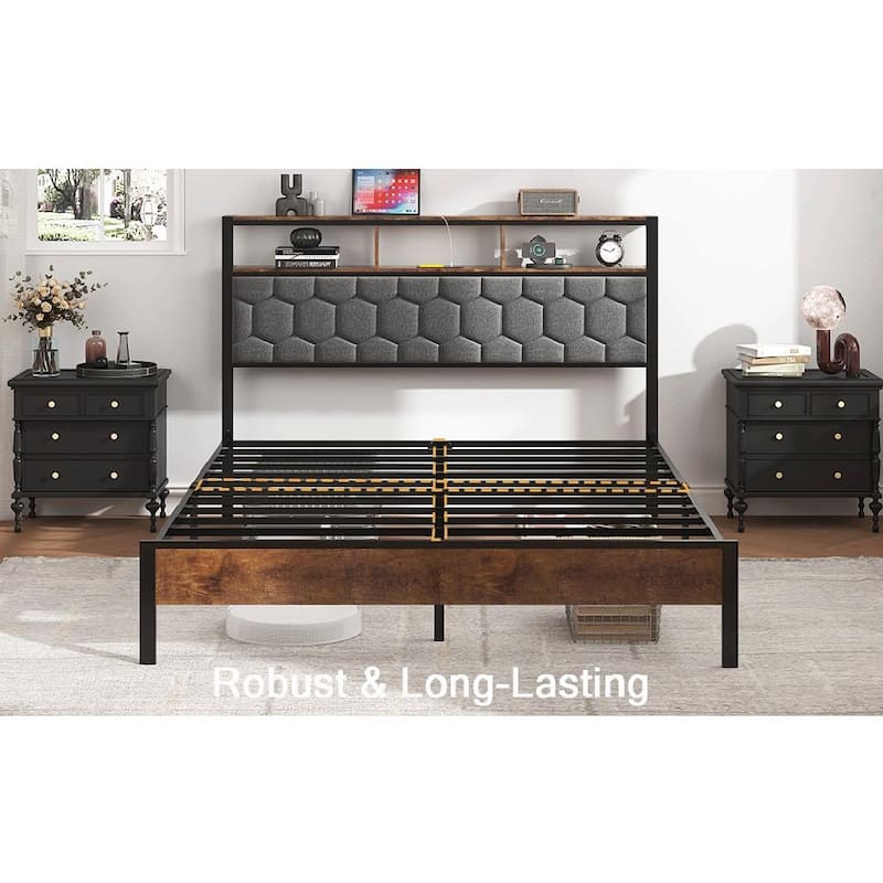Wooden Platform Bed Frame with Soft Packaging, Bedside with 2 USB Ports, Noise-Free