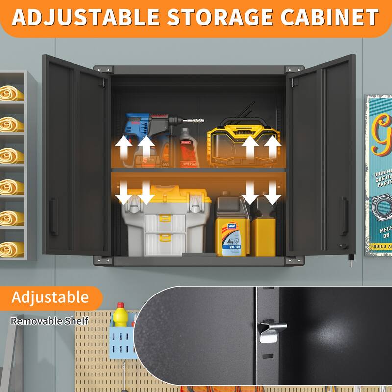 Dark Grey Alloy Steel Wall Cabinet Storage with Locking Door and Adjustable Shelf for Garage - 31.50”L x 11.81”W x 30.31”H