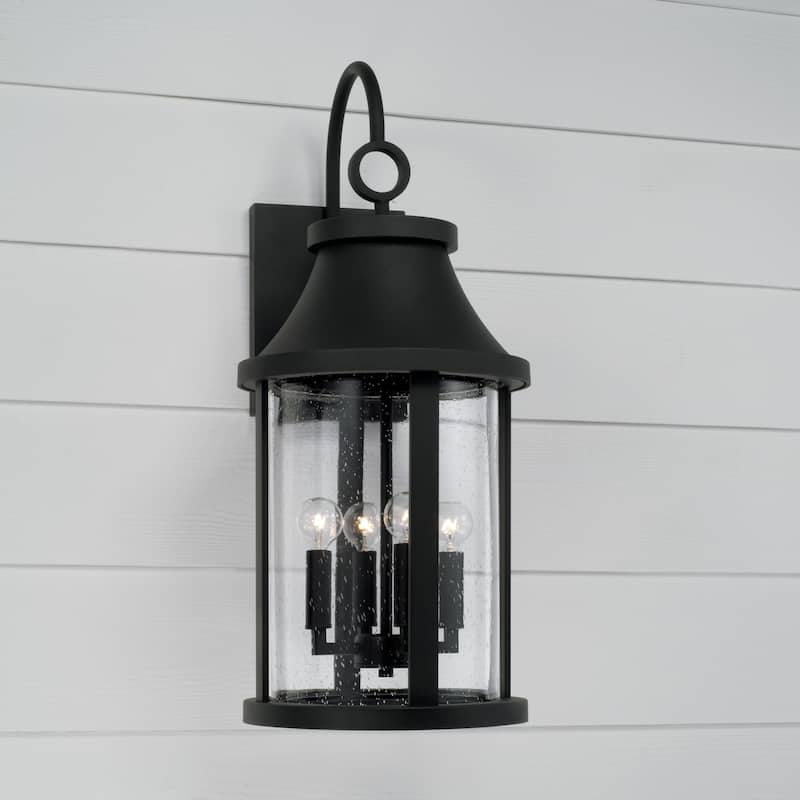 11.50"W x 28"H 4-Light Outdoor Cylindrical Wall Lantern in Black with Seeded Glass