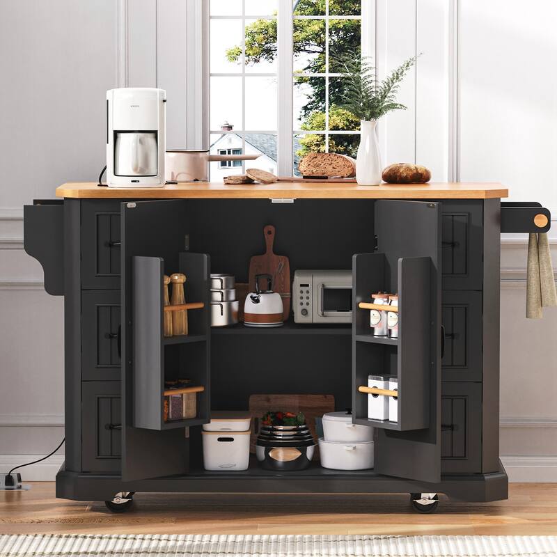 Kitchen Island with Rubber Wood Veneer Drop Leaf, Power Outlet, 4 Door Shelves