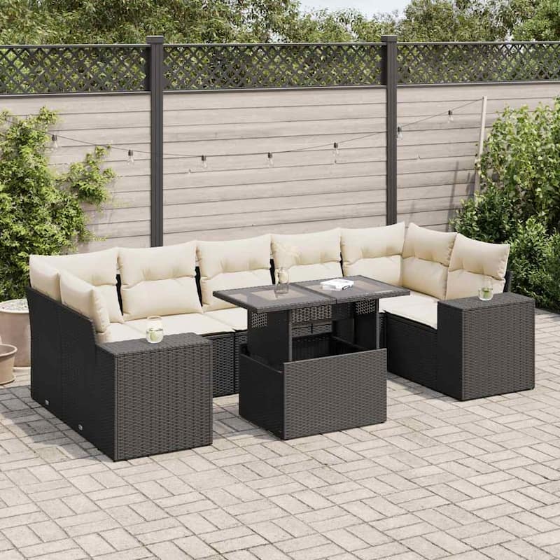 vidaXL Patio Sofa Set with Cushions Outdoor Furniture 8 Piece Poly Rattan - 24.4 x 24.4 x 27.2 - Black and Cream-with storage