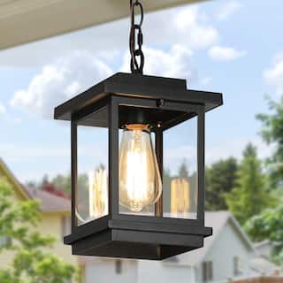 Modern Farmhouse Black 1-Light Outdoor Glass Pendant Light Patio Hanging Lantern - L 6.7"* W 6.7"* H 11.8"