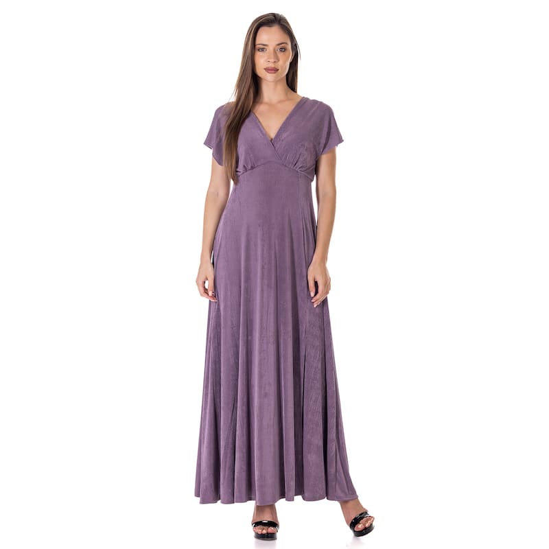 24seven Comfort Apparel Womens Flutter Sleeve Metallic Knit Maxi Dress Front Slit Empire Waist - Red - S