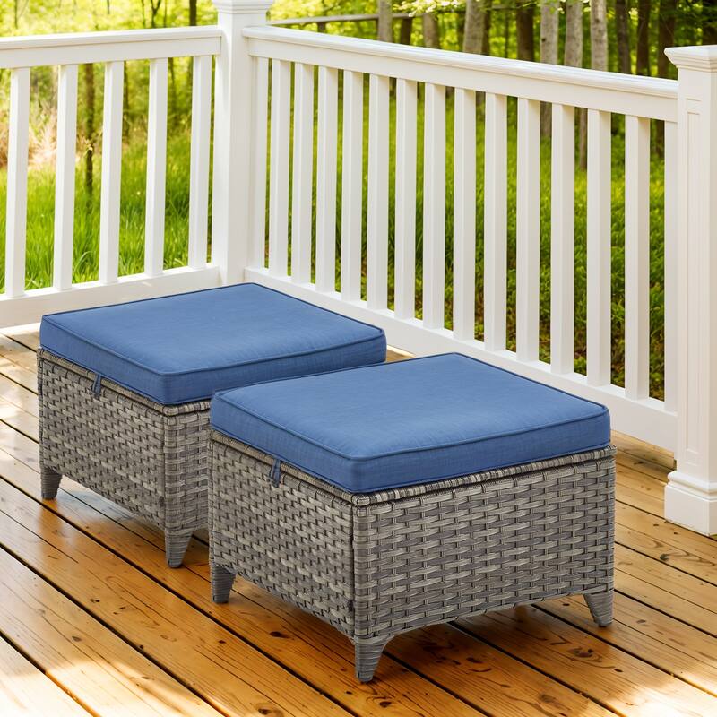 2 Piece Patio Rattan Ottomans, Outdoor Wicker Footstool - Grey - Grey - Blue