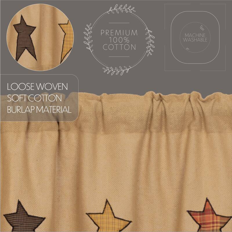 Stratton Burlap Applique Star Valance 16x72 - Valance 16x72 - Valance 16x72 - Natural/Red-Orange/Country Black