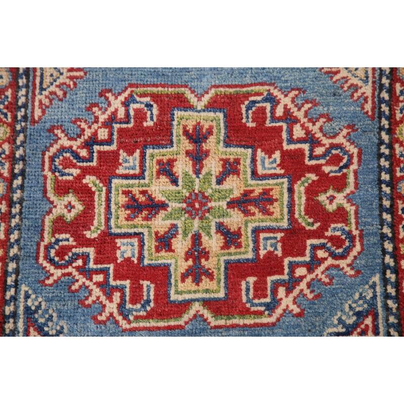 Blue Geometric Kazak Runner Rug Hand-Knotted Wool Carpet - 2'9" x 11'3"