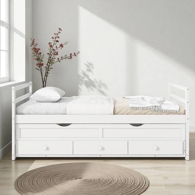 Twin Size Bed with Headboard, Footboard, Trundle, and Three Storage Drawers, Solid Pine Wood Twin Bed Frame with Storage