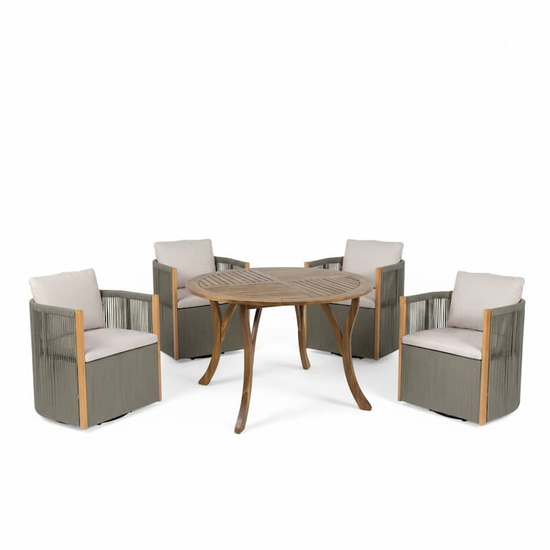 Christopher Knight Home - Faye 5-Piece Outdoor Acacia Wood Swivel Dining Set with Rope Cushioned Chairs & Curved-Leg Round Table