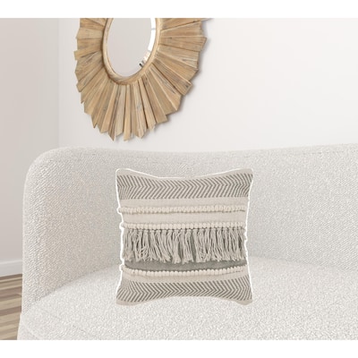 HomeRoots 20" X 20" Beige and Ivory Chevron Cotton Zippered Pillow With Fringe