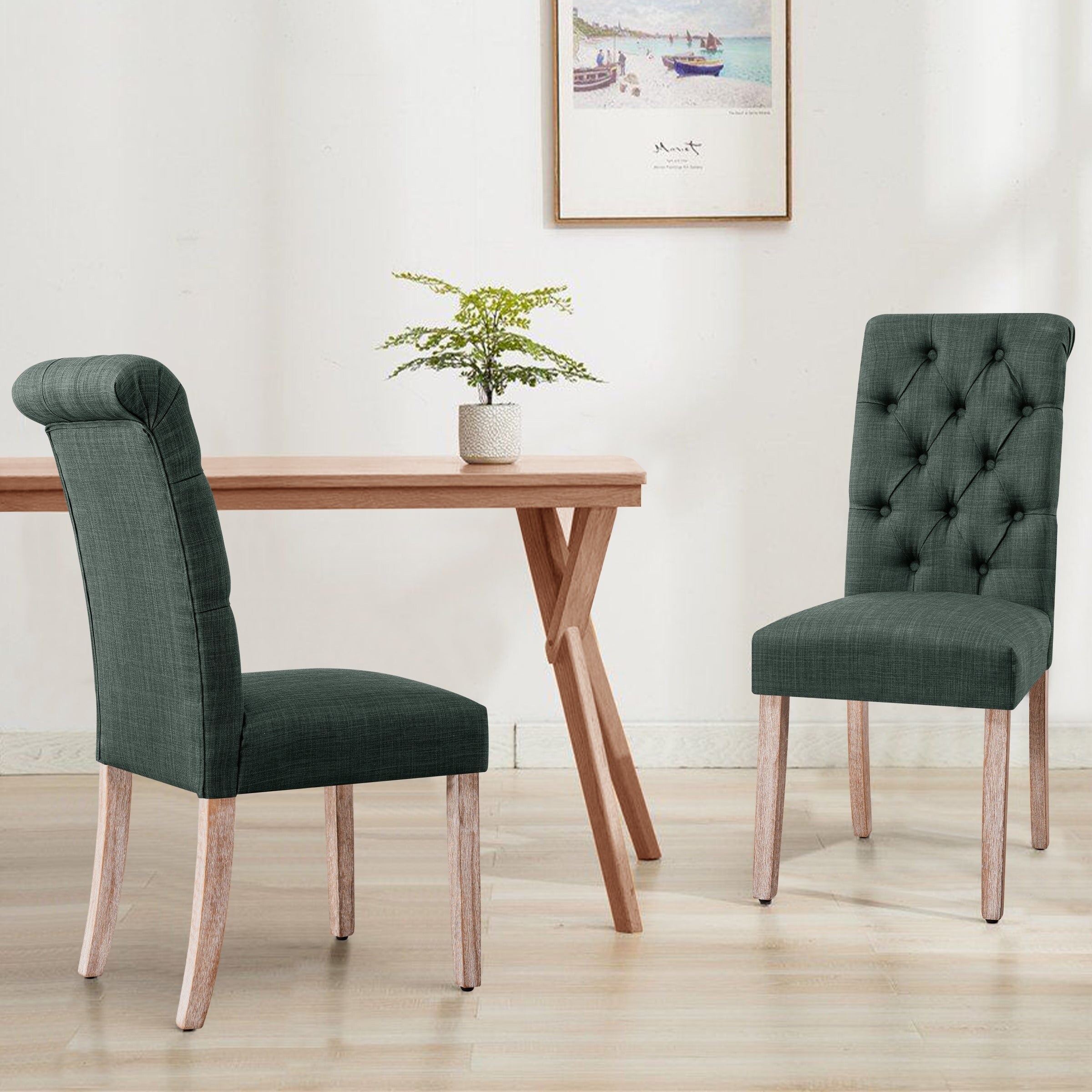 Subrtex Set of 2 Linen Parsons Upholstered Button Dining Chair