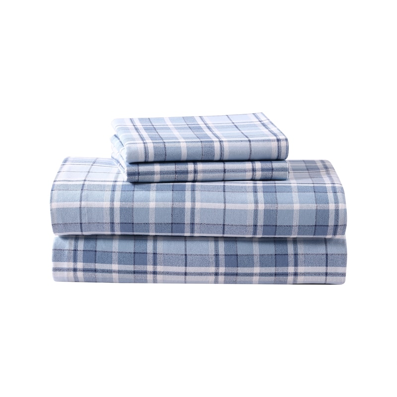 Laura Ashley Printed Cotton Flannel Sheet Set - Mulholland Plaid Blue - Twin