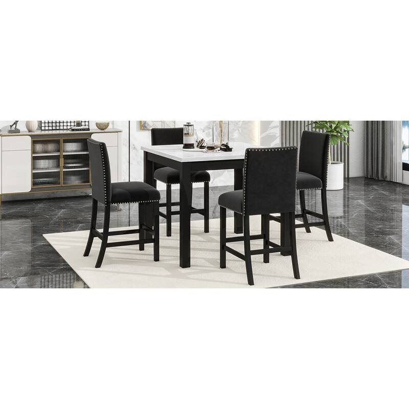 Roomfitters 5-Piece Counter Height Dining Table Set with Faux Marble Square Table and Velvet Upholstered Chairs