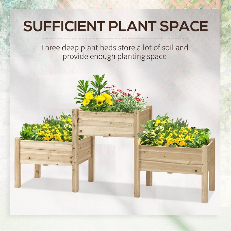 Elevated Wooden Plant Stand with Drainage Holes with 3 Planter Box