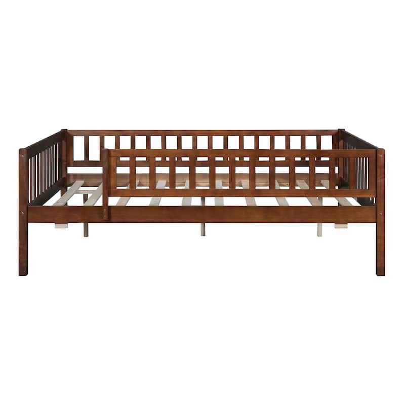 Wooden Twin/Full Daybed with Trundle and Fence Guardrails, No Box Spring Needed
