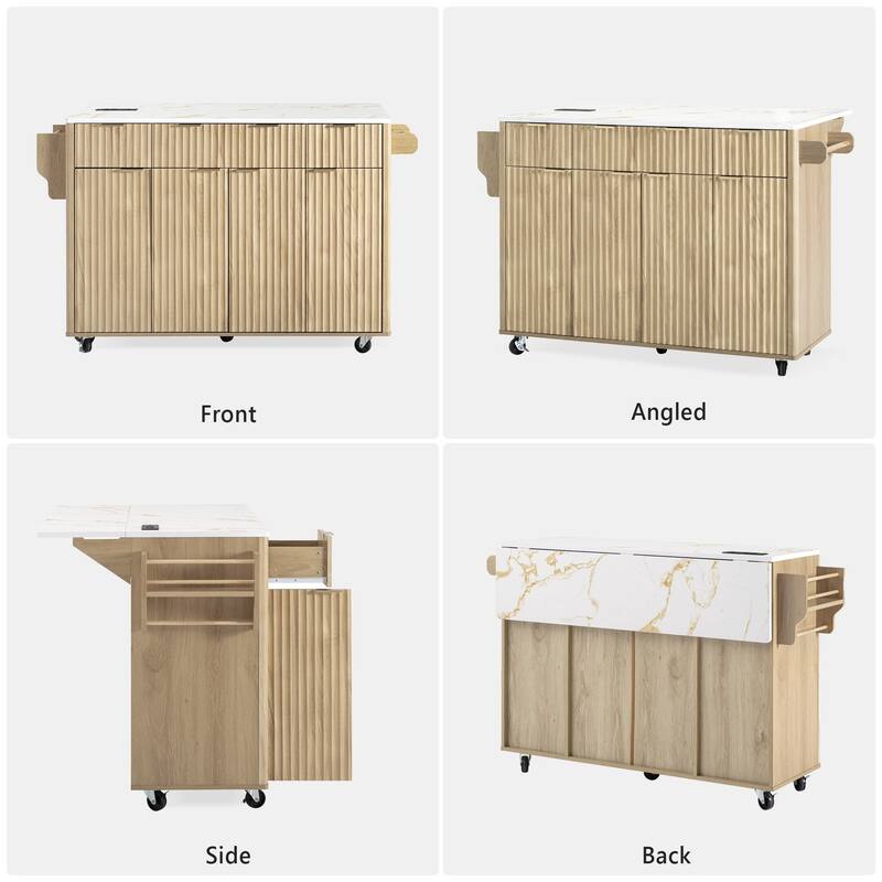 55.5" Fluted Storage Kitchen Island with Drop Leaf and Power Outlet and 3 Drawers