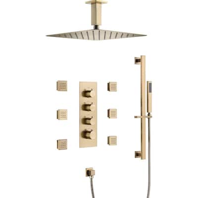 Brushed Gold 16" Rainfall Shower X3 Thermostatic Faucet System w/ Slide Bar, 6 Jets - Brushed Gold