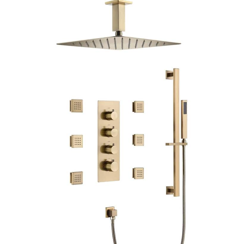 Brushed Gold 16" Rainfall Shower X3 Thermostatic Faucet System w/ Slide Bar, 6 Jets - Brushed Gold