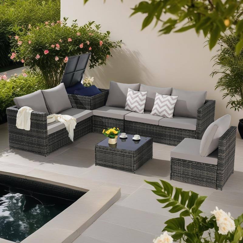 6-Piece Outdoor Patio Wicker Sectional Sofa Set with Corner Table & Glass Top Table - Light Gray