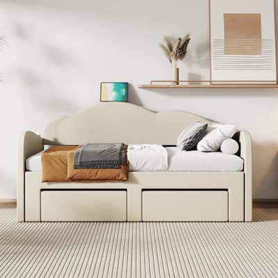 Cloud-Shaped Backrest Daybed, Twin To King Extendable Sofabed, Velvet Upholstered Platform Bed Frame with 2 Arc Armrests