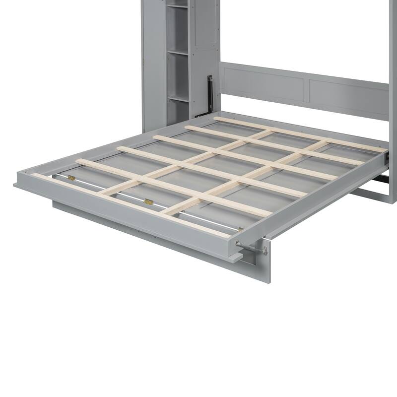 Space-Saving Queen Murphy Bed with Shelves, Wardrobe and LED Lights in Gray