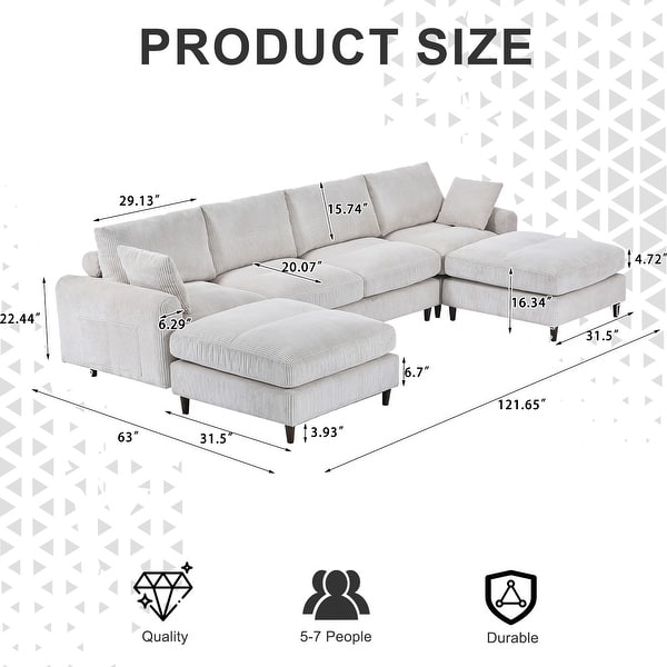 Roomfitters Modern 6-Seat Corduroy Modular Section Sofa, U-Shaped Convertible Sofa with Pillow and Footstool for Living Room