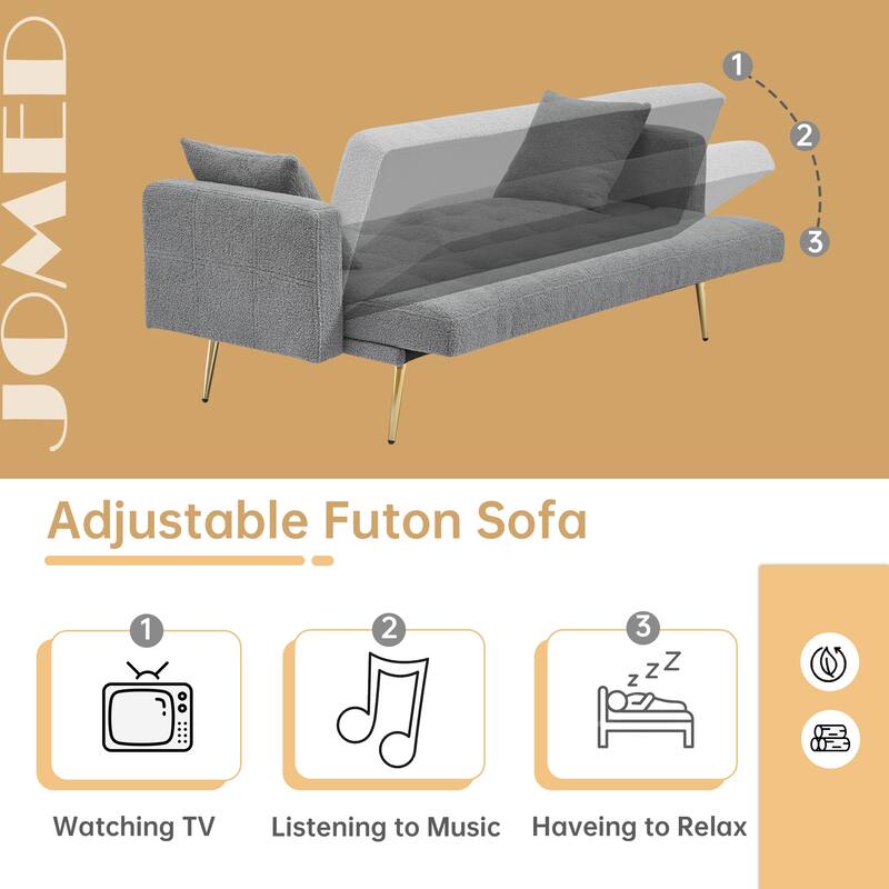 71" Modern Teddy Velvet Sofa Bed Folding Couch with Two Throw Pillows for Living Room