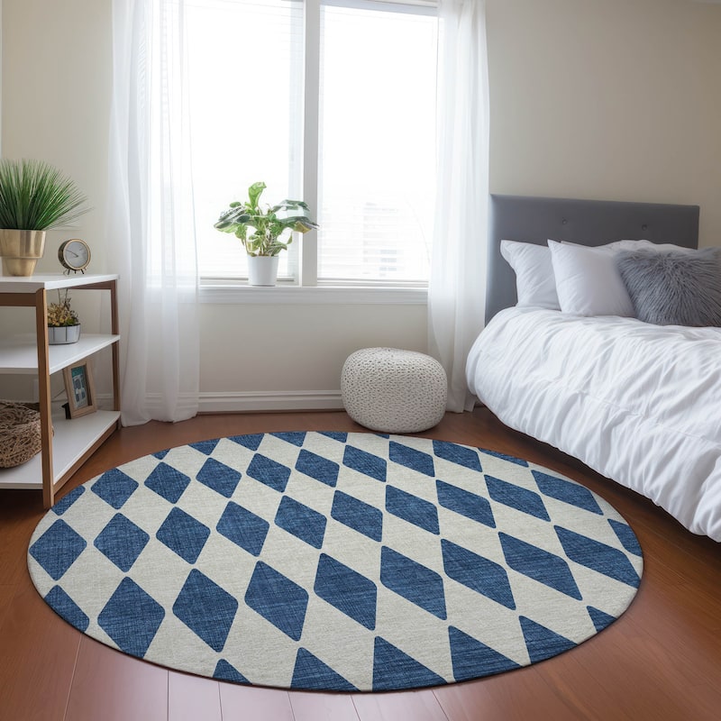 Machine Washable Indoor/ Outdoor Chantille Diamond Argyle Rug - Navy - 8' x 8'