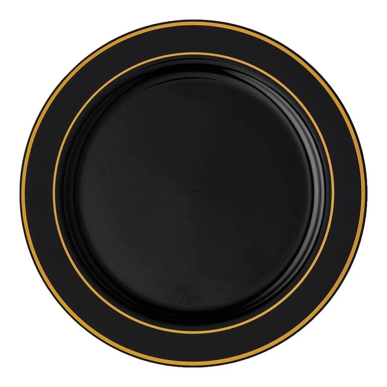 Shiny Round Edge Rim Disposable Plastic Plate Packs - Party Supplies - 120pcs - Dinner Plates - Black with Gold Rim