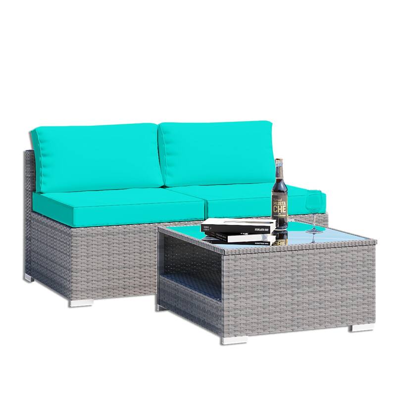 3-Piece Wicker Outdoor Patio Furniture Sectional Conversation Set with Cushion and Side Table