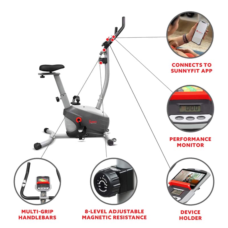 Sunny Health & Fitness Performance Interactive Series Upright Bike - SF-B220030 - Gray - 30.7L x 9.8W x 23.2H